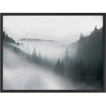 PixonSign Framed Wall Art Print Fog Settles Over Large Forest Nature Wilderness Photography Realism Contemporary Landscape Relax/Calm Black and White for Living Room, Bedroom, Office - 12"x16" BLACK