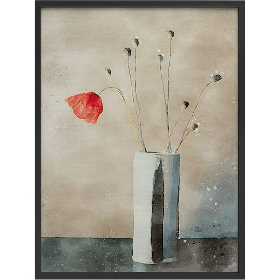 PixonSign Framed Wall Art Print Leaning Red Flower in Vase Nature Plants Illustrations Modern Art Modern Group Relax/Calm Multicolor Pastel for Living Room, Bedroom, Office - 12"x16" BLACK