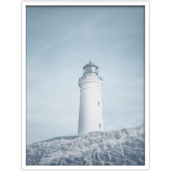 PixonSign Framed Wall Art Print Lighthouse Towers Above the Hill Nature Ocean Photography Realism Nautical Landscape Relax/Calm Blue Duotone for Living Room, Bedroom, Office - 12"x16" WHITE