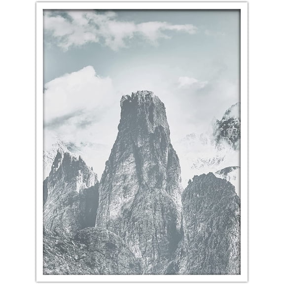 PixonSign Framed Wall Art Print Mountain Peak Extends Into Clouds Nature Wilderness Photography Realism Modern Landscape Relax/Calm Blue Duotone for Living Room, Bedroom, Office - 12"x16" WHITE