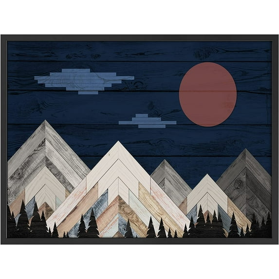 PixonSign Framed Wall Art Print Mountains and Forest Under Red Moon Nature Wilderness Woodblock Modern Art Landscape Relax/Calm Multicolor Warm for Living Room, Bedroom, Office - 12"x16" BLACK