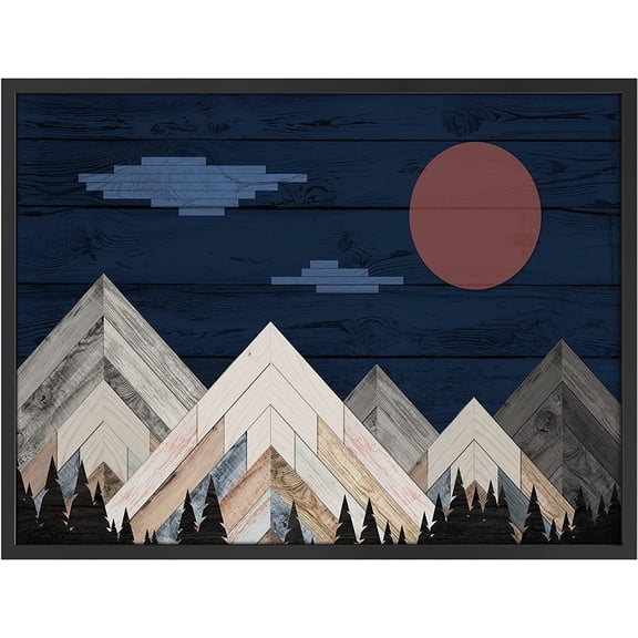 PixonSign Framed Wall Art Print Mountains and Forest Under Red Moon Nature Wilderness Woodblock Modern Art Landscape Relax/Calm Multicolor Warm for Living Room, Bedroom, Office - 12"x16" BLACK