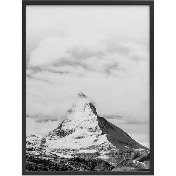 PixonSign Framed Wall Art Print Peak of Mountain in Clouds Nature Wilderness Photography Realism Modern Landscape Dramatic Grey Dark Black and White for Living Room, Bedroom, Office - 12"x16" BLACK