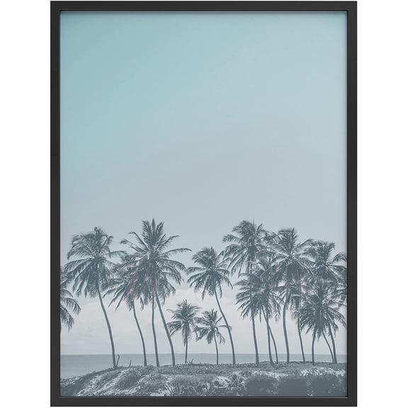 PixonSign Framed Wall Art Print Row of Palm Trees Above the Sea Nature Ocean Photography Realism Nautical Landscape Relax/Calm Blue Duotone for Living Room, Bedroom, Office - 12"x16" BLACK