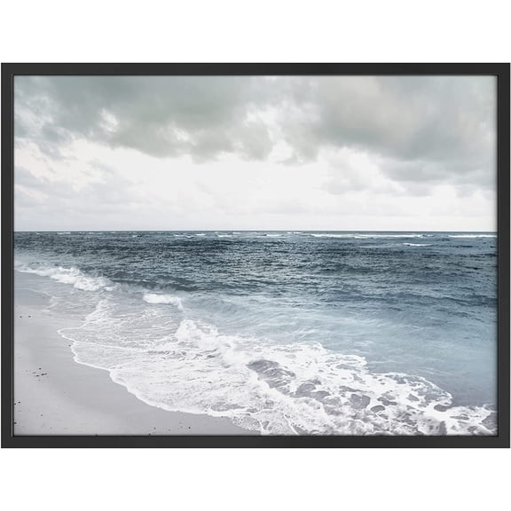 PixonSign Framed Wall Art Print Sea Wave and Sea Foam On The Beach Coastal Ocean Photography Realism Modern Landscape Relax/Calm Multicolor Cool for Living Room, Bedroom, Office - 12"x16" BLACK