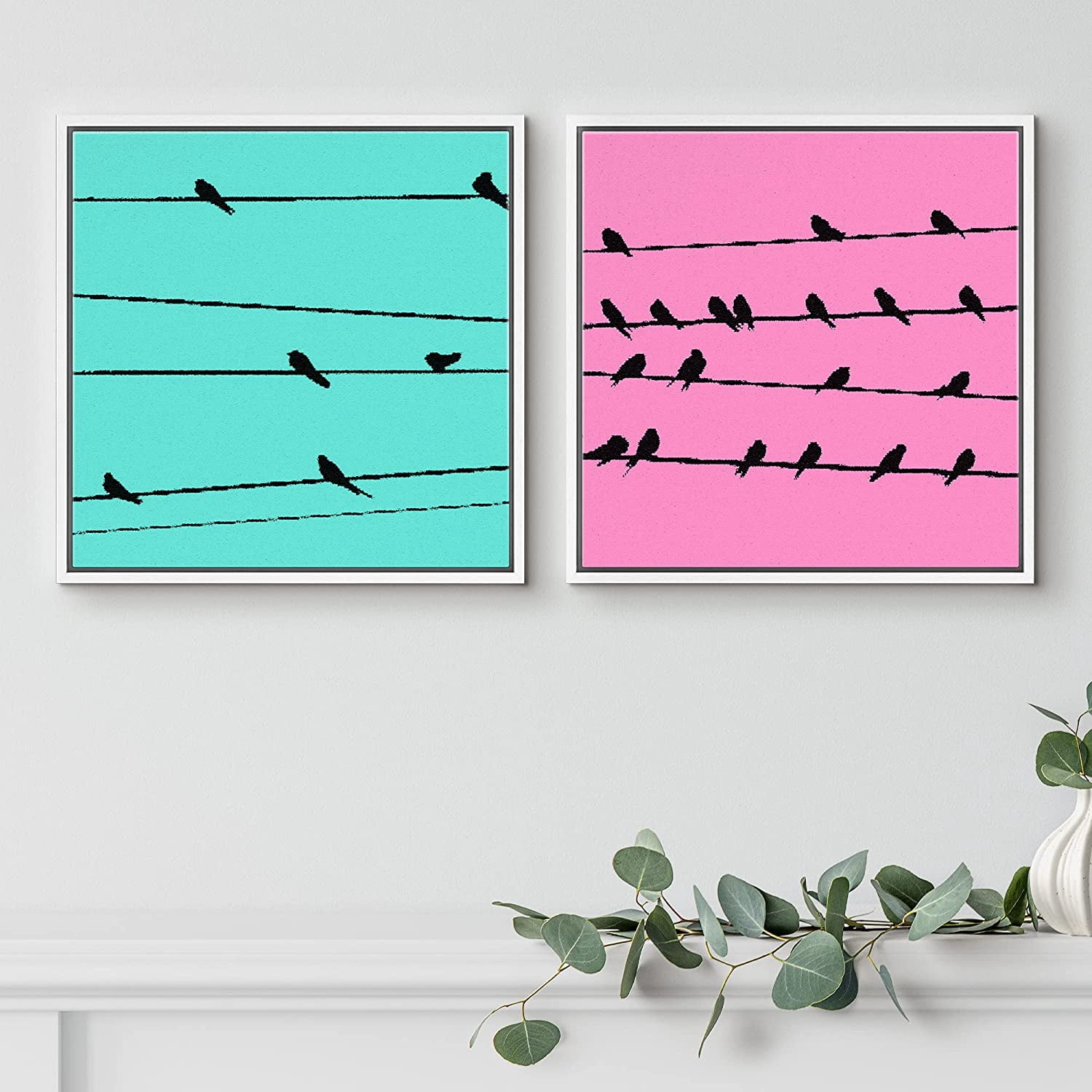 PixonSign Framed Wall Art Print Set Birds on Teal and Pink Backgrounds ...