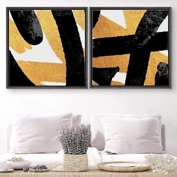PixonSign Framed Wall Art Print Set Black & Gold Brushstroke Array Abstract Shapes Digital Art Modern Art Chic Colorful Multicolor Ultra for Living Room, Bedroom, Office - 16"x16"x2 Black