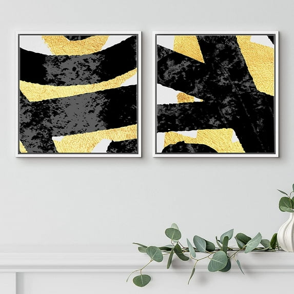PixonSign Framed Wall Art Print Set Black and Gold Lines on White Background Abstract Shapes Digital Art Modern Art Chic Colorful Multicolor Ultra for Living Room, Bedroom, Office - 16"x16"x2 White