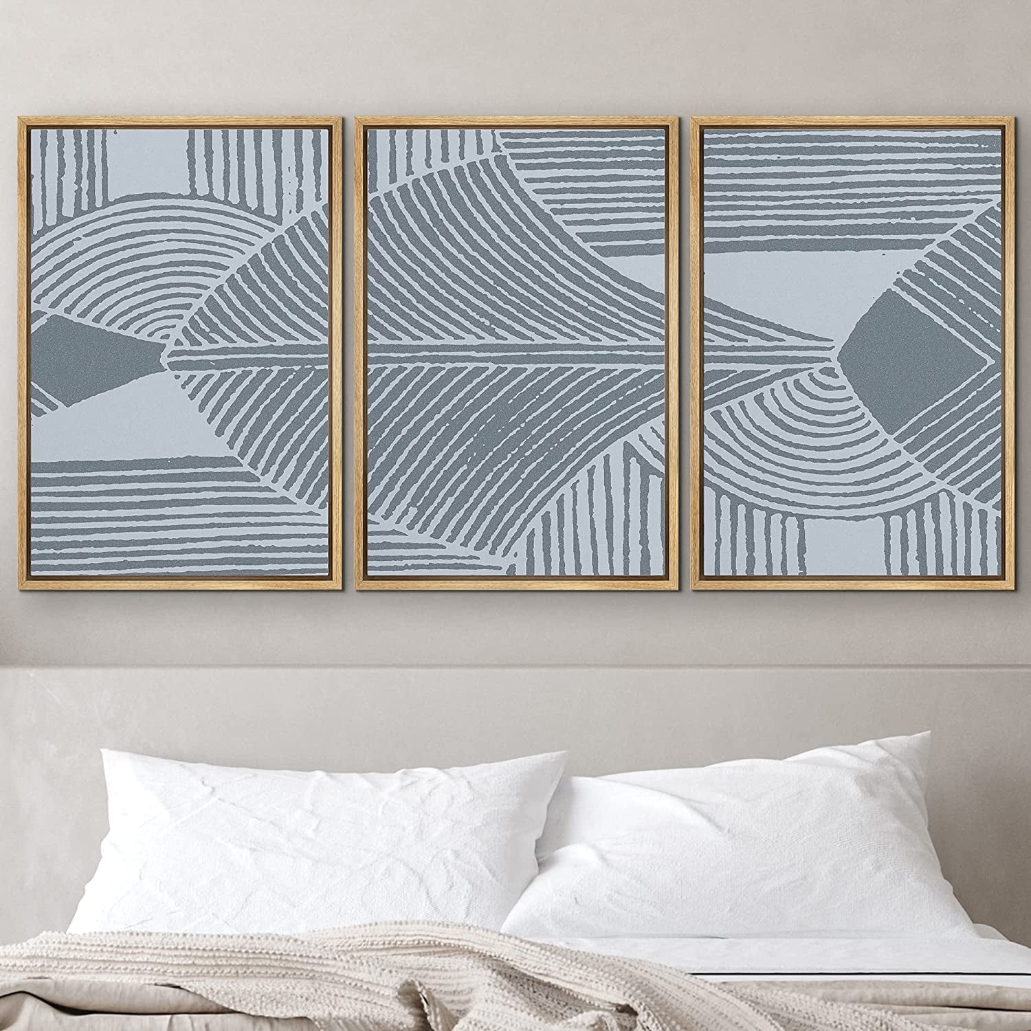 PixonSign Framed Wall Art Print Set Dark & Light Blue Geometric Line ...