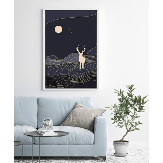 PixonSign Framed Wall Art Print Set Deer Walks Through Golden Blue Forest Animals Wilderness Illustrations Modern Art Farmhouse/Country Colorful Dark for Living Room, Bedroom, Office - 24"x36" White