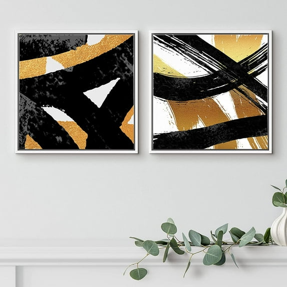 PixonSign Framed Wall Art Print Set Faded Black & Gold Brushstrokes Abstract Shapes Digital Art Modern Art Chic Colorful Multicolor Ultra for Living Room, Bedroom, Office - 24"x24"x2 White