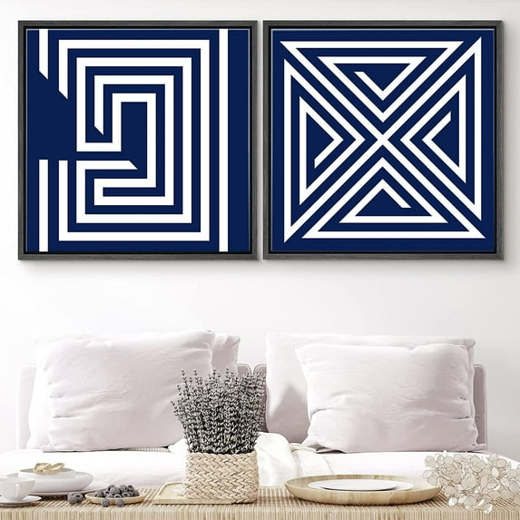 PixonSign Framed Wall Art Print Set Geometric Blue and Orange Maze Pattern Abstract Shapes Digital Art Modern Art Chic Colorful Multicolor Ultra for Living Room, Bedroom, Office - 24"x24"x2 Black