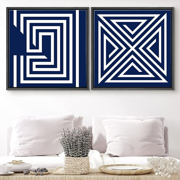 PixonSign Framed Wall Art Print Set Geometric Blue and Orange Maze Pattern Abstract Shapes Digital Art Modern Art Chic Colorful Multicolor Ultra for Living Room, Bedroom, Office - 24"x24"x2 Black
