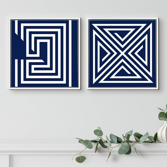 PixonSign Framed Wall Art Print Set Geometric Blue and Orange Maze Pattern Abstract Shapes Digital Art Modern Art Chic Colorful Multicolor Ultra for Living Room, Bedroom, Office - 24"x24"x2 White