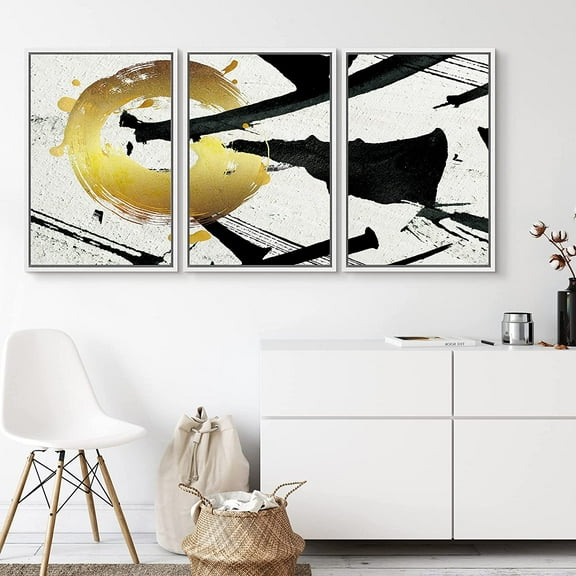 PixonSign Framed Wall Art Print Set Gold and Black Interlocking Circles Geometric Shapes Illustrations Modern Art Chic Dramatic Dark for Living Room, Bedroom, Office - 24"x36"x3 White