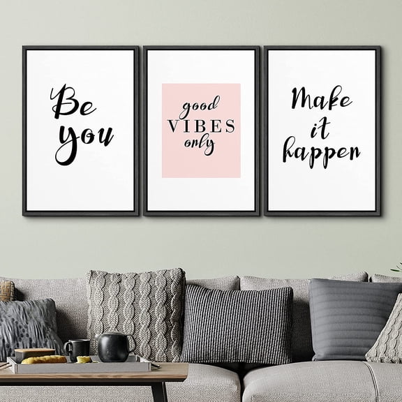 PixonSign Framed Wall Art Print Set Good Vibes Word Art Inspirational Motivation Typography Modern Art Chic Expressive Cool Black and White for Living Room, Bedroom, Office - 24"x36"x3 Black