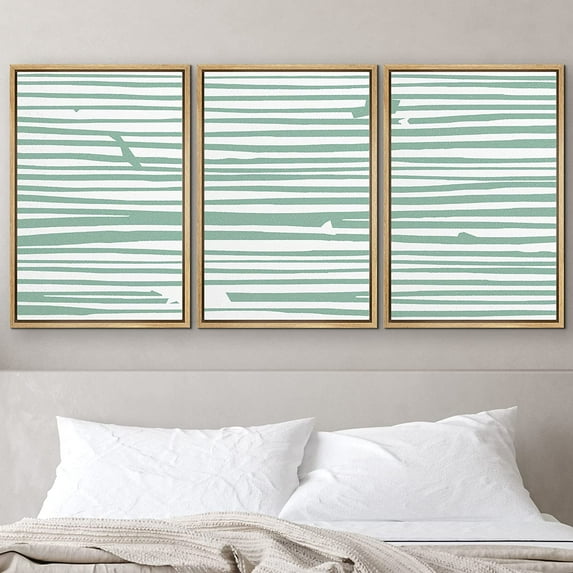 PixonSign Framed Wall Art Print Set Green Horizontal Line Array Abstract Shapes Illustrations Modern Art Chic Relax/Calm Multicolor Pastel for Living Room, Bedroom, Office - 24"x36"x3 Natural