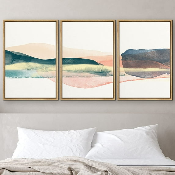 PixonSign Framed Wall Art Print Set Green & Red Watercolor Landscape Geometric Shapes Illustrations Modern Art Farmhouse/Country Scenic Fun for Living Room, Bedroom, Office - 24"x36"x3 Natural