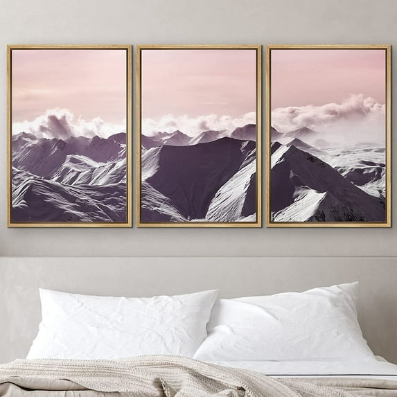 PixonSign Framed Wall Art Print Set Orange Sunset Mountain Range Nature Wilderness Photography Realism Rustic Scenic Relax/Calm Multicolor Ultra for Living Room, Bedroom, Office - 24"x36"x3 Natural
