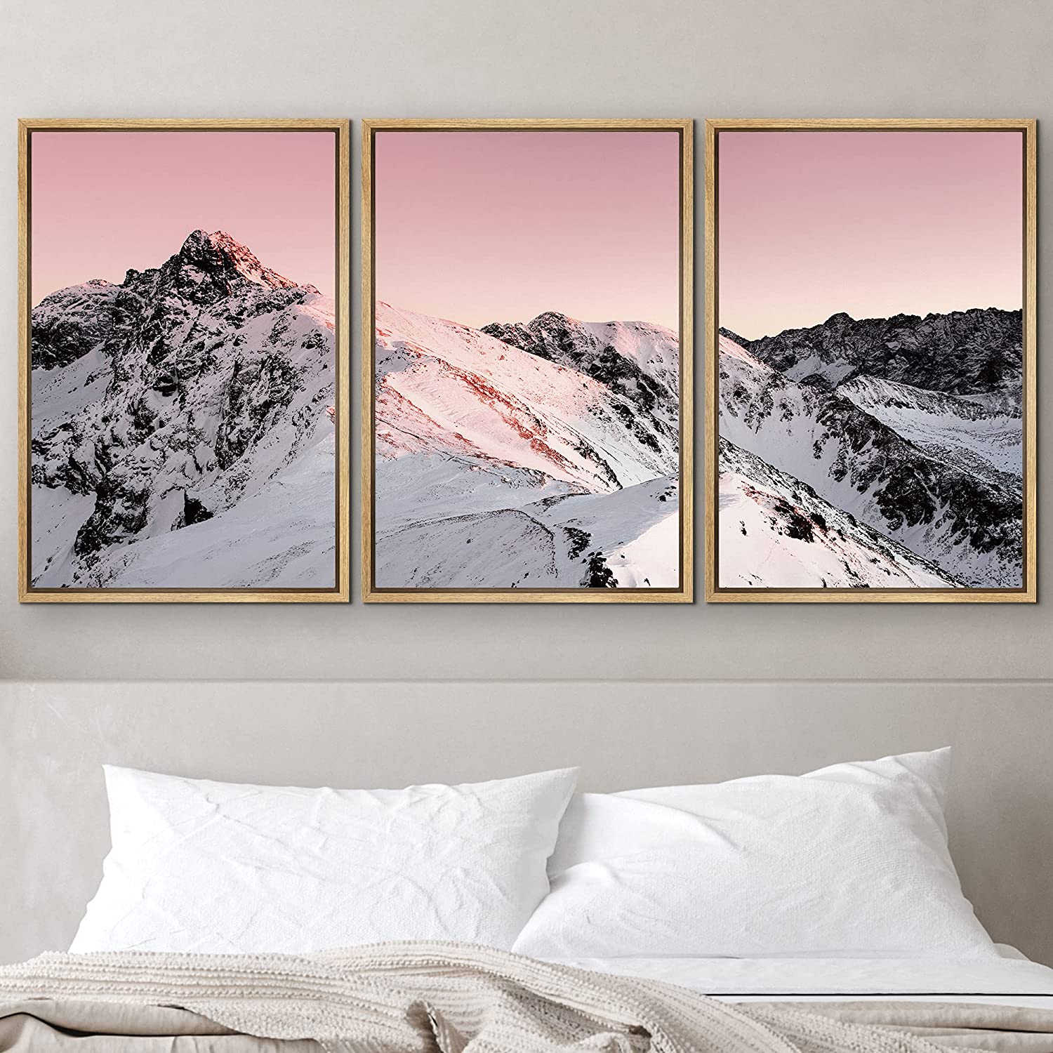 PixonSign Framed Wall Art Print Set Pink Sunset Snowy Mountain Peaks ...