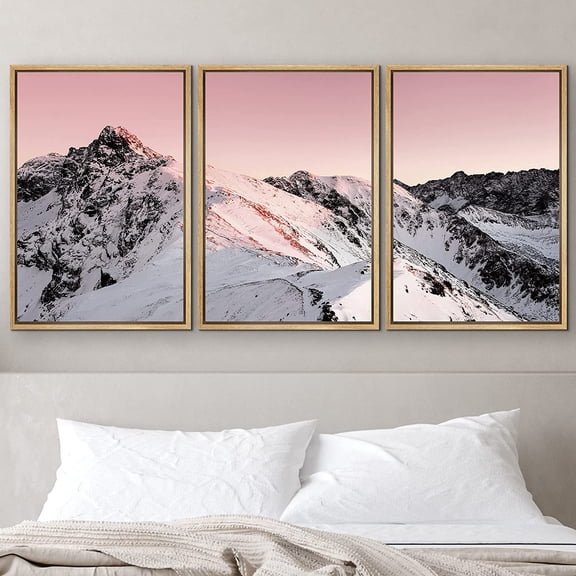 PixonSign Framed Wall Art Print Set Pink Sunset Snowy Mountain Peaks Nature Wilderness Photography Realism Rustic Scenic Relax/Calm Ultra for Living Room, Bedroom, Office - 24"x36"x3 Natural