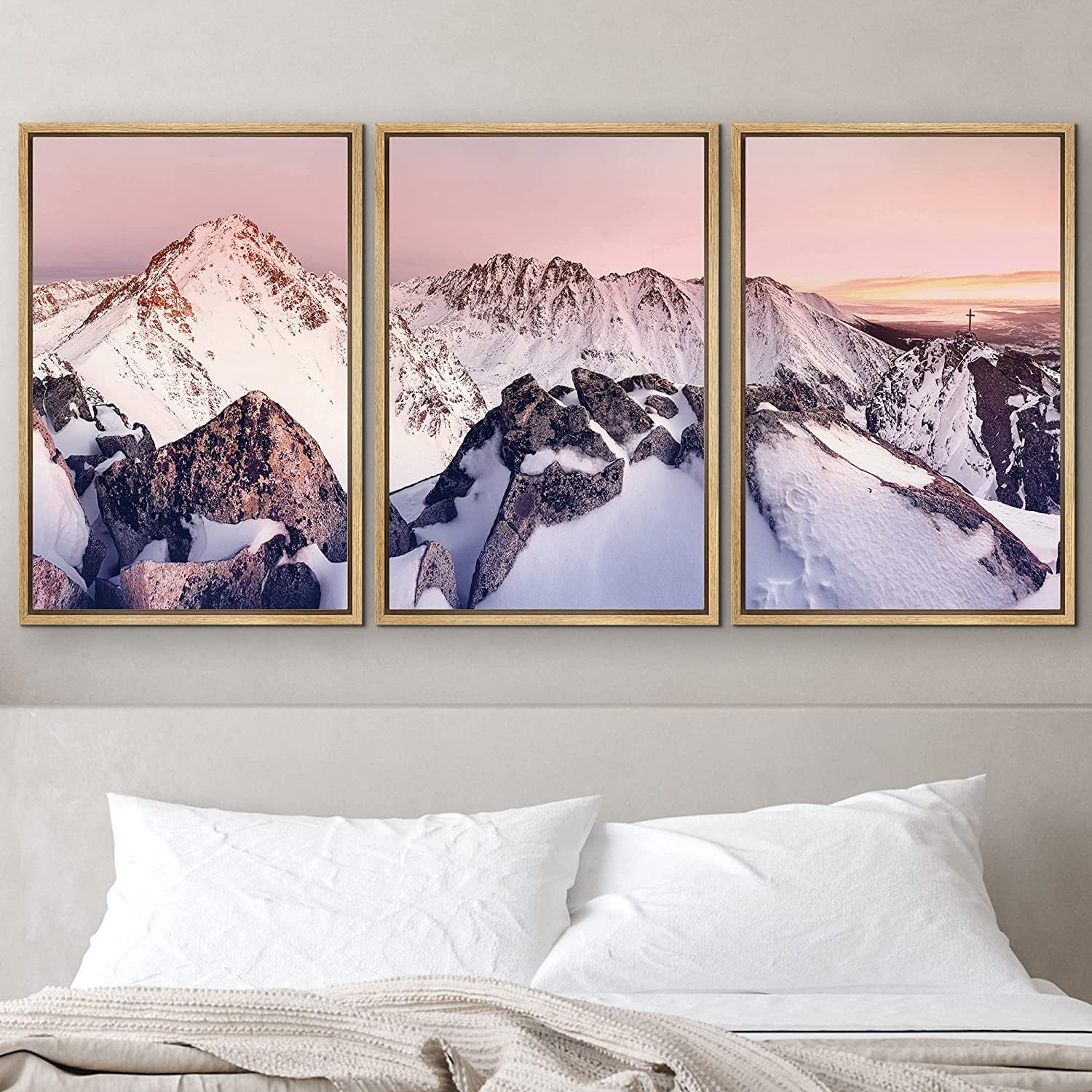 PixonSign Framed Wall Art Print Set Pink Sunset Snowy Mountains Nature ...