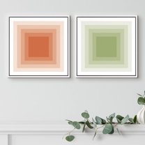 PixonSign Framed Wall Art Print Set Tan and Blue Illusion Squares Abstract Shapes Digital Art Modern Art Chic Colorful Multicolor Ultra for Living Room, Bedroom, Office - 24"x24"x2 White