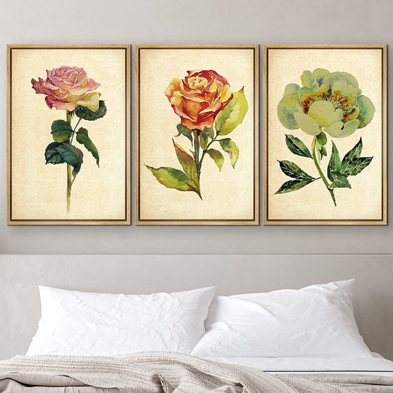 PixonSign Framed Wall Art Print Set Vintage Watercolor Rose & Peony Variety Floral Wilderness Illustrations Modern Art Glam Colorful Cool for Living Room, Bedroom, Office - 24"x36"x3 Natural