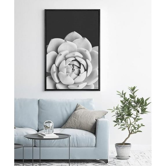 PixonSign Framed Wall Art Print Set White Rose Succulent Floral Cactus Photography Modern Art Chic Relax/Calm Grey Dark Black and White for Living Room, Bedroom, Office - 16"x24" Black