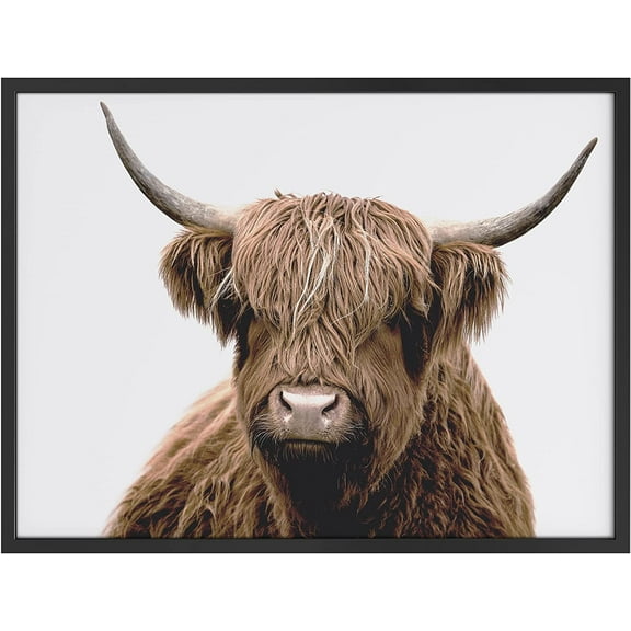 PixonSign Framed Wall Art Print Shaggy Brown Highland Cow Portrait Animals Wilderness Photography Realism Farmhouse/Country Multicolor Warm for Living Room, Bedroom, Office - 12"x16" BLACK