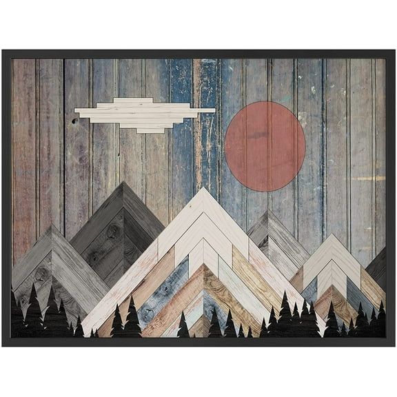 PixonSign Framed Wall Art Print Sunrise Over White Mountain Peaks Nature Wilderness Woodblock Modern Art Landscape Relax/Calm Multicolor Warm for Living Room, Bedroom, Office - 12"x16" BLACK