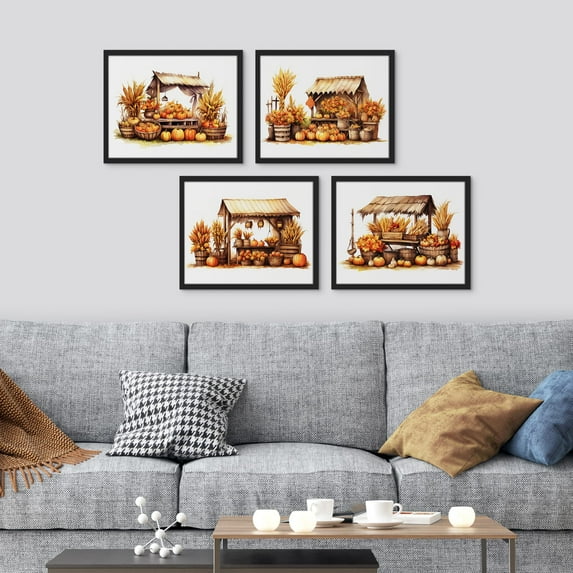 PixonSign Framed Wall Art Pumpkin Stall, Set of 4 Village House Celebrations & Holidays Wall Decor Arts, Farmhouse Wall Décor, Adhesive Canvas Poster, Modern Home Artwork - 11"x14" Black