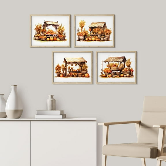 PixonSign Framed Wall Art Pumpkin Stall, Set of 4 Village House Celebrations & Holidays Wall Decor Arts, Farmhouse Wall Décor, Adhesive Canvas Poster, Modern Home Artwork - 11"x14" Natural