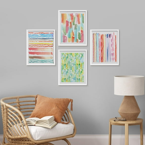 PixonSign Framed Wall Art Rainbow Pastel Paint Stroke Collage Prints, Set of 4 Abstract Shapes Wall Decor Arts, Colorful Wall Décor, Adhesive Canvas Poster, Modern Home Artwork - 8"x10" White