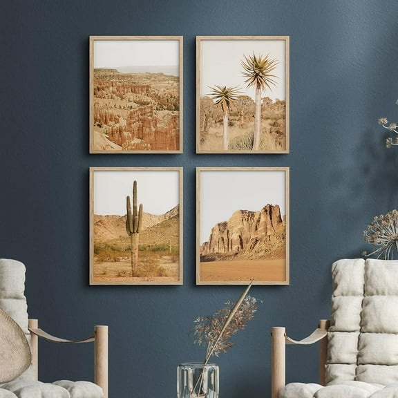 PixonSign Framed Wall Art Red Canyon Valley Desert & Plants Posters, Set of 4 Southwest Landscape Illustrations Photography Wall Decor, Adhesive Canvas Prints for Home Decor - 11"x14" Natural
