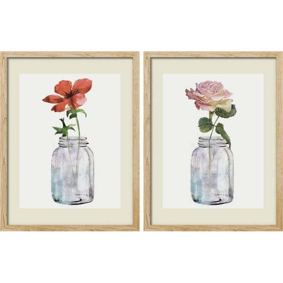 PixonSign Framed Wall Art Red Daisy & Pink Rose in Bottles Posters, Set of 2 Nature Pastel Botanical Floral Illustrations Wall Decor, Adhesive Canvas Prints for Home Decor - 11"x14" Natural