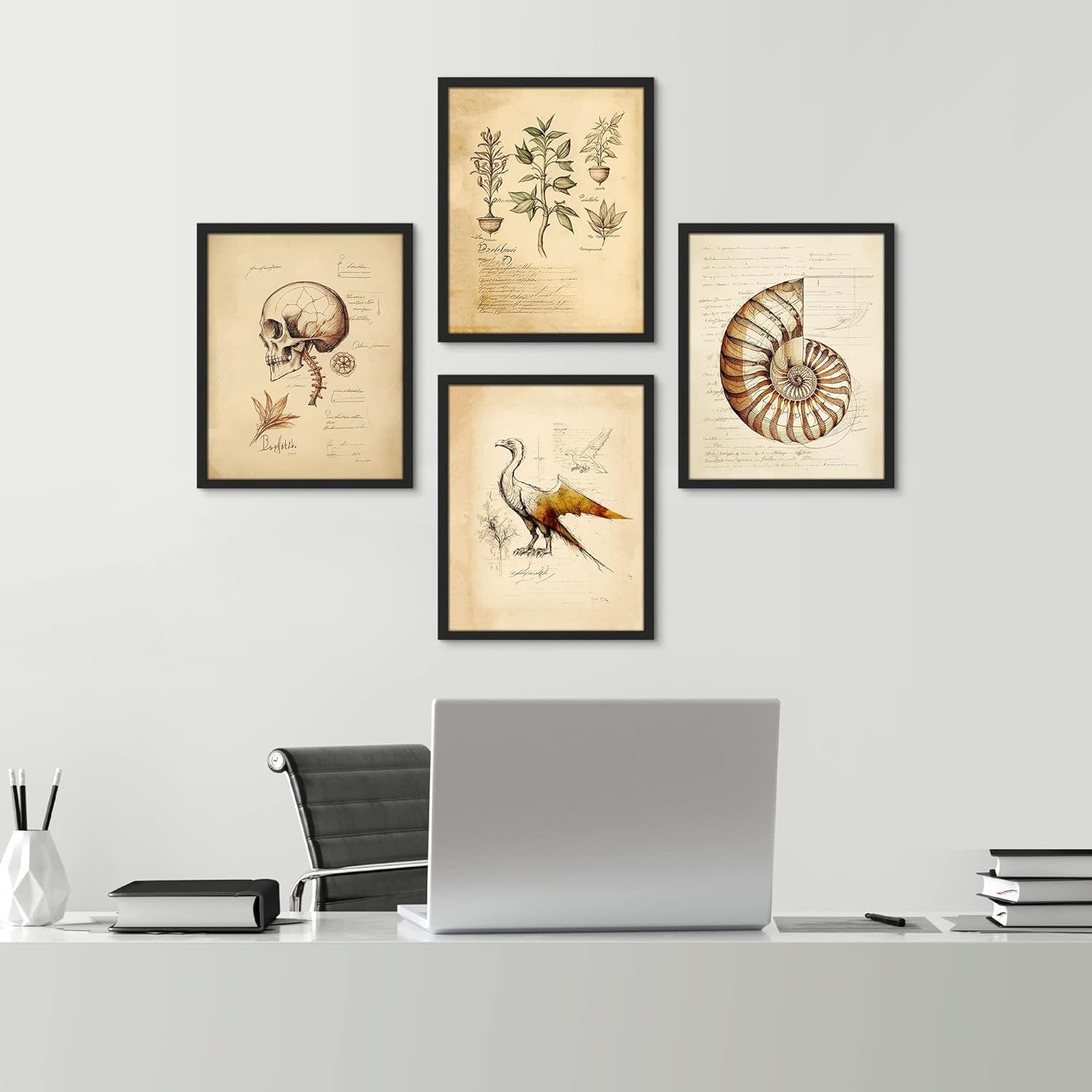 PixonSign Framed Wall Art, Retro Vintage Skull Bird Botany Seashell