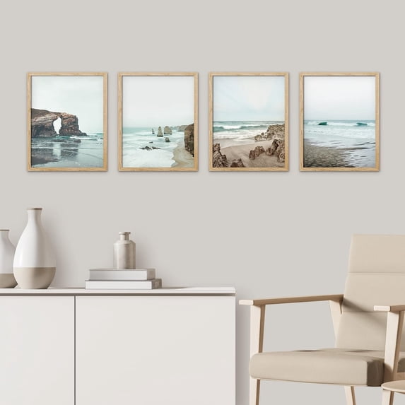 PixonSign Framed Wall Art, Rocky Storm Cloud Sky Beach Ocean Posters, Set of 4 Landscape Colorful Wall Decor Prints, Nature Artwork Wilderness Wall Décor for Living Room, Bedroom - 12"x16" Natural
