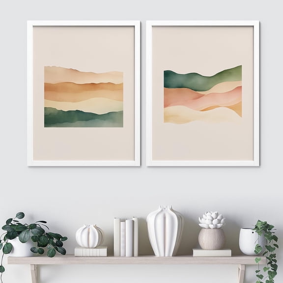 PixonSign Framed Wall Art Rolling Hills in Pastel Tones Posters, Set of 2 Geometric Abstract Modern Art Boho Illustrations Wall Decor, Adhesive Canvas Prints for Home Decor - 8"x10" White