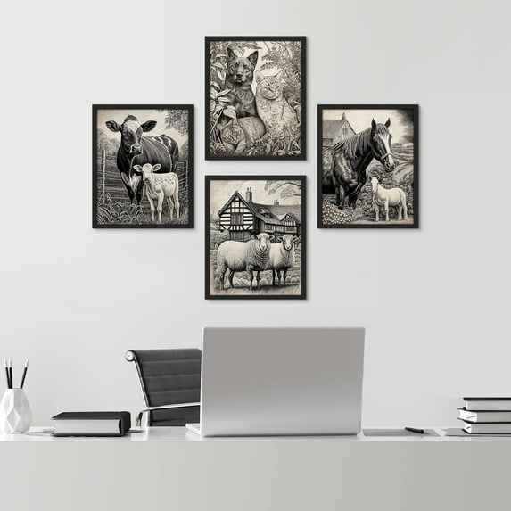 PixonSign Framed Wall Art, Rustic Farmhouse Animal Cow Cat Sheep Horse Landscape Posters, Set of 4 Illustration Wall Decor Prints, Classic Contemporary Wall Décor for Living Room - 11"x14" Black