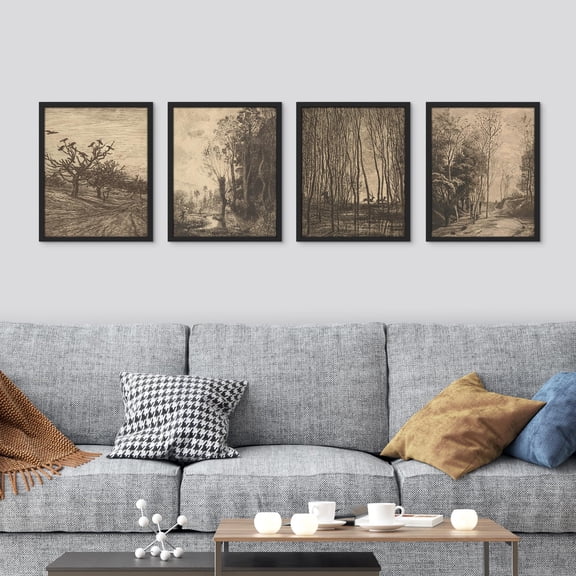 PixonSign Framed Wall Art Rustic Trees Countryside Landscape Prints, Set of 4 Nature Wilderness Paintings, Minimalism Wall Décor, Adhesive Canvas Poster for Home Decor - 12"x16" Black