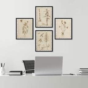 PixonSign Framed Wall Art Sepia Vintage Classic Flower Art, Set of 4 Collage Floral Wall Decor Prints, Nature Wildeflowers Wall Décor, Plants Rustic Vintage Posters for Home - 11"x14" Black