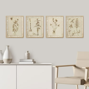 PixonSign Framed Wall Art Sepia Vintage Classic Flower Art, Set of 4 Collage Floral Wall Decor Prints, Nature Wildeflowers Wall Décor, Plants Rustic Vintage Posters for Home - 8"x10" Natural
