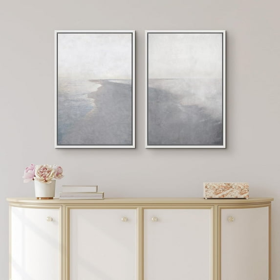 PixonSign Framed Wall Art Set Abstract Gray Ocean Wave Beach Landscape Canvas Prints Coastal Cottage Seascape Modern Art Decorative Minimal for Living Room, Bedroom, Office - 24"x36"x2 White