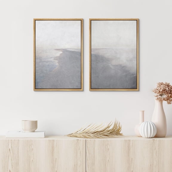 PixonSign Framed Wall Art Set Abstract Gray Ocean Wave Beach Landscape Canvas Prints Coastal Cottage Seascape Modern Art Decorative Minimal for Living Room, Bedroom, Office - 16"x24"x2 Natural