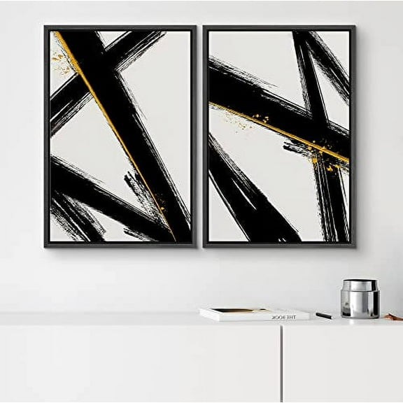 PixonSign Framed Wall Art Set Black Gold Paint Stroke Collage Abstract Geometric Canvas Prints Graffiti & Street Modern Art Decorative for Living Room, Bedroom, Office - 24"x36" Black