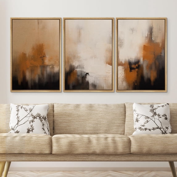 PixonSign Framed Wall Art Set Black & Orange Paint Stroke Graffiti Patterns Artwork Neutral Minimalism Bohemian Multicolor Cool Modern Prints for Home Decor - 24"x36"x3 Panels Natural