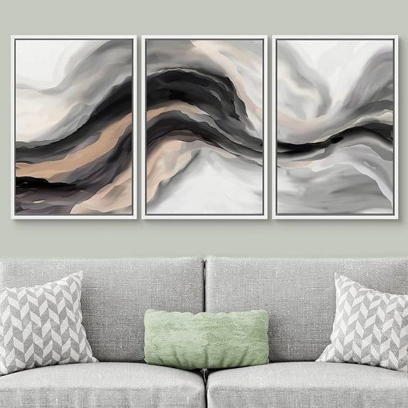 PixonSign Framed Wall Art Set Black Tan Pastel Watercolor Ink Smoke Wave Landscape Abstract Canvas Print Nature Wilderness Modern Art Decor Scenic Relax/Calm for Bedroom - 24"x36"x3 Panels White