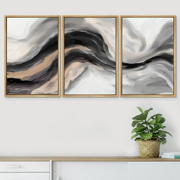 PixonSign Framed Wall Art Set Black Tan Pastel Watercolor Ink Smoke Wave Landscape Abstract Canvas Print Nature Wilderness Modern Art Decor Scenic Relax/Calm for Bedroom - 24"x36"x3 Panels Natural