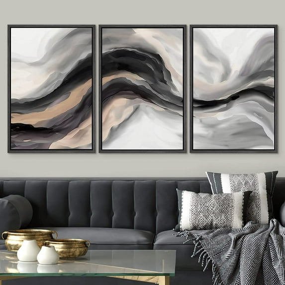 PixonSign Framed Wall Art Set Black Tan Pastel Watercolor Ink Smoke Wave Landscape Abstract Canvas Print Nature Wilderness Modern Art Decor Scenic Relax/Calm for Bedroom - 24"x36"x3 Panels Black